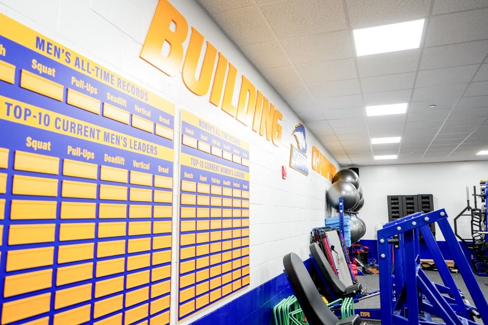 Branded fitness equipment at Hofstra University
