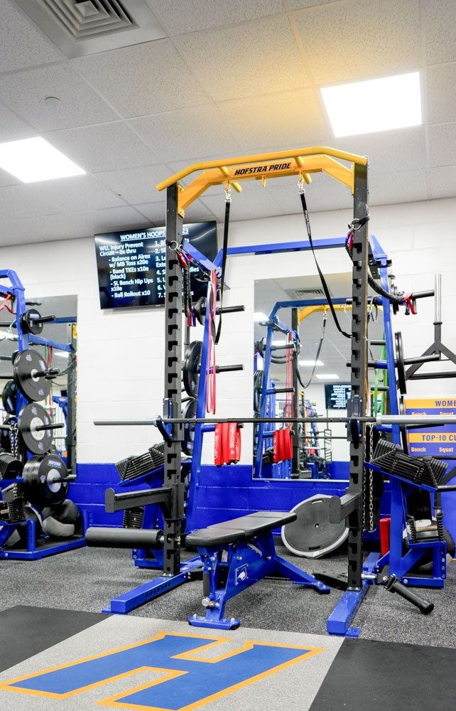Branded fitness equipment at Hofstra University