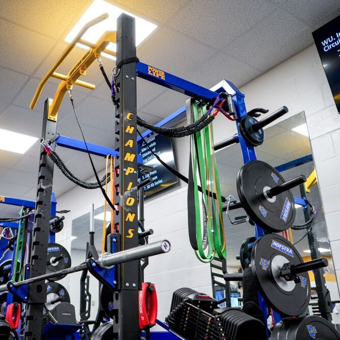 Branded fitness equipment at Hofstra University